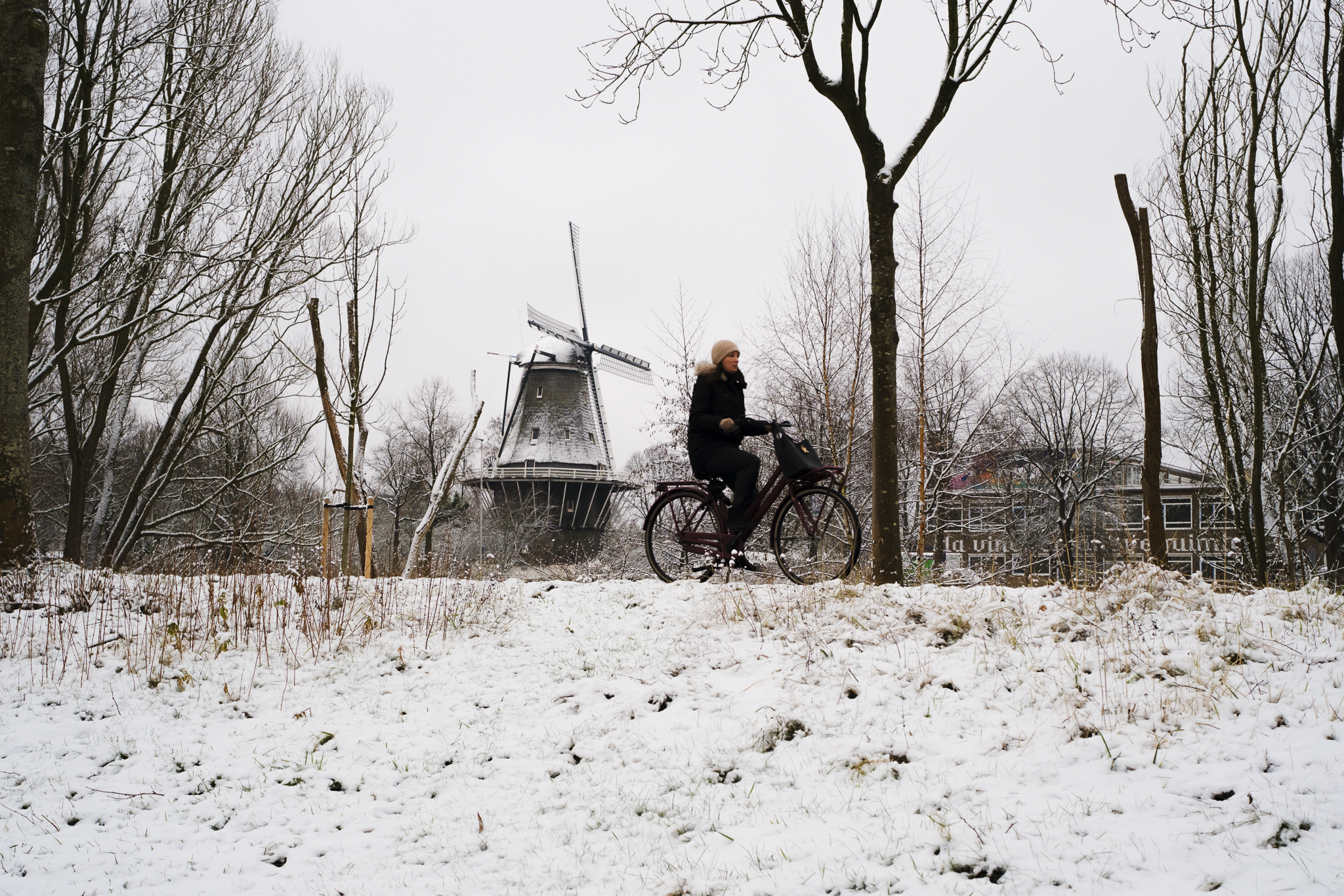 A rare scene of snow covering the ground and windmill. Amsterdam.
